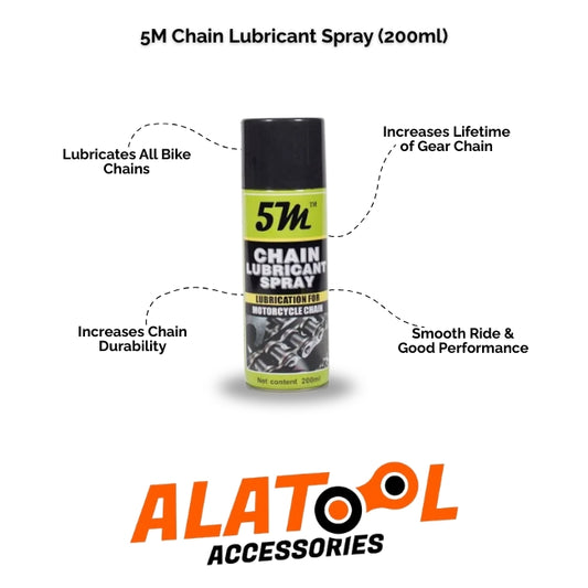 5M Chain Lubricant Spray can with features listed on a white background, featuring ALATOOL Accessories logo.