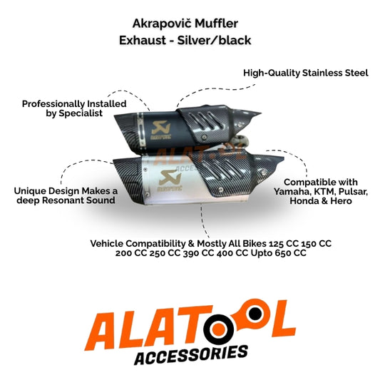 Akrapovic muffler with specifications and compatibility details on a white background