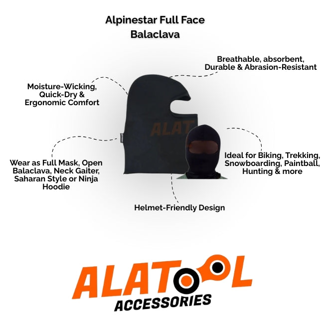 Alpinestar full face balaclava with ALATool Accessories branding on a white background