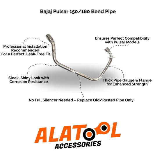 Bajaj Pulsar 150/180 Bend Pipe with features and ALATool Accessories branding.