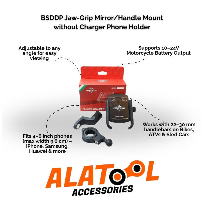 BSDDP Jaw-Grip Mirror/Handle Mount with packaging and features highlighted on a white background.