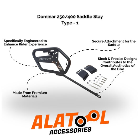 Diagram of a Dominar 250/400 Saddle Stay with features and ALATool Accessories branding.