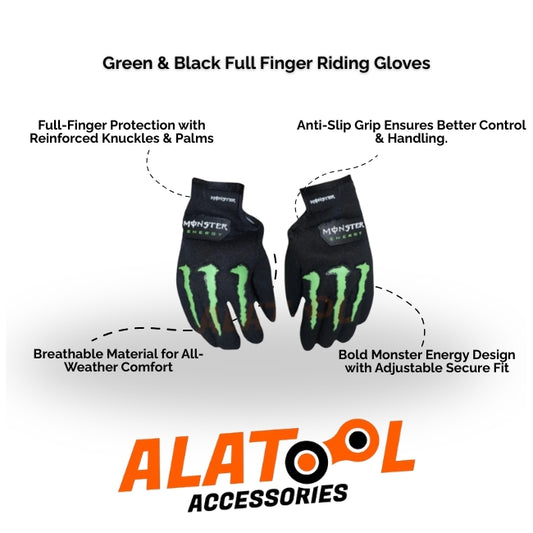 Green and black full finger riding gloves with ALATool Accessories branding on a white background.