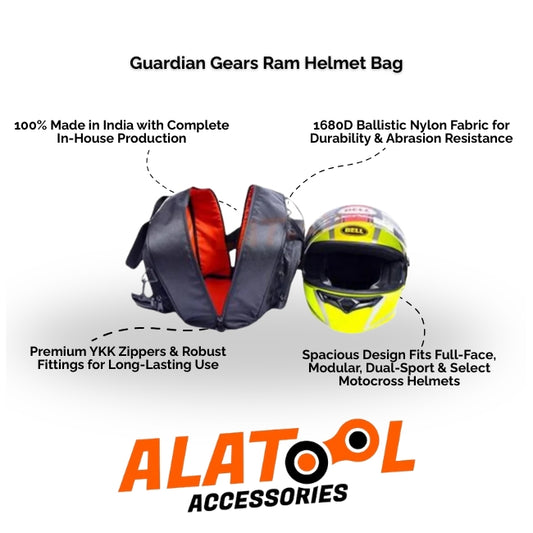 Guardian Gears Ram Helmet Bag with a helmet on a white background, featuring ALATool Accessories branding.