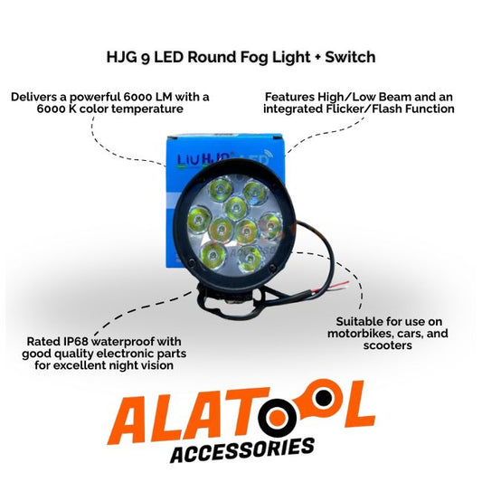 HJG 9 LED Round Fog Light with switch and ALATool Accessories branding on a white background