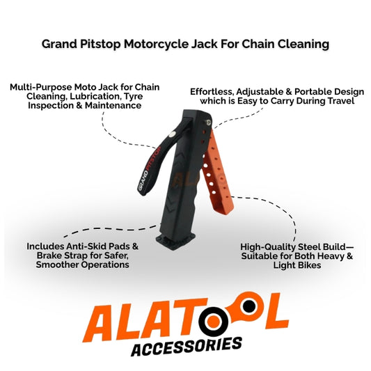 Grand Pitstop Motorcycle Jack for Chain Cleaning with ALATool Accessories branding