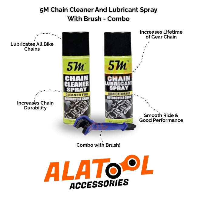 Two cans of 5M Chain Cleaner and Lubricant Spray with a brush, labeled 'ALATOOL Accessories'.