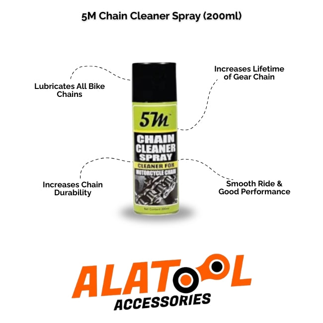 5M Chain Cleaner Spray can with features listed on a white background, featuring ALATool Accessories logo.