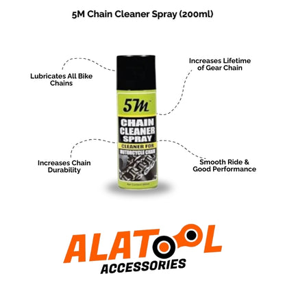 5M Chain Cleaner Spray can with features listed on a white background, featuring ALATool Accessories logo.