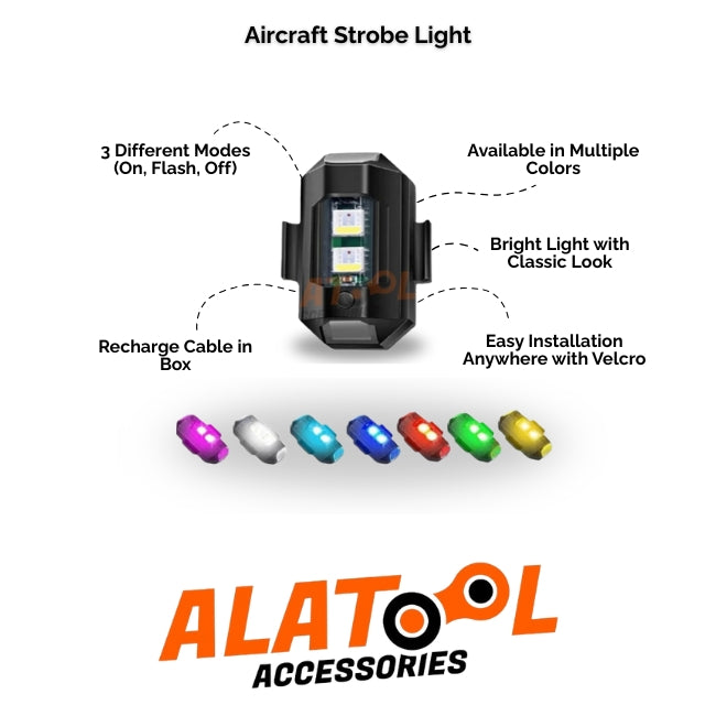 Aircraft strobe light with features and ALATool Accessories branding on a white background