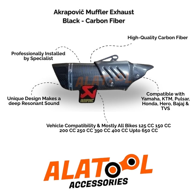 Akrapovic muffler exhaust with product details on a white background