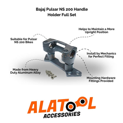 Bajaj Pulsar NS 200 handle holder full set with mounting hardware on a white background, featuring ALATool Accessories branding.