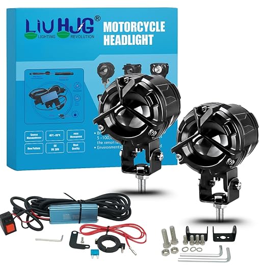 Motorcycle headlights with accessories and Liuhjg packaging on a white background