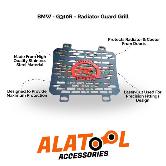 BMW G310R radiator guard grill with ALATool Accessories branding on a white background