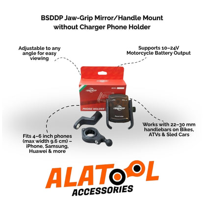 BSDDP Jaw-Grip Mirror/Handle Mount with packaging and features highlighted on a white background.