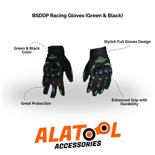 BSDDP Racing Gloves in green and black with ALATool Accessories branding.