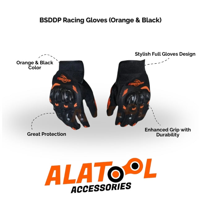 Orange and black racing gloves with ALATool Accessories branding on a white background