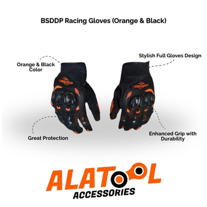 Orange and black racing gloves with ALATool Accessories branding on a white background
