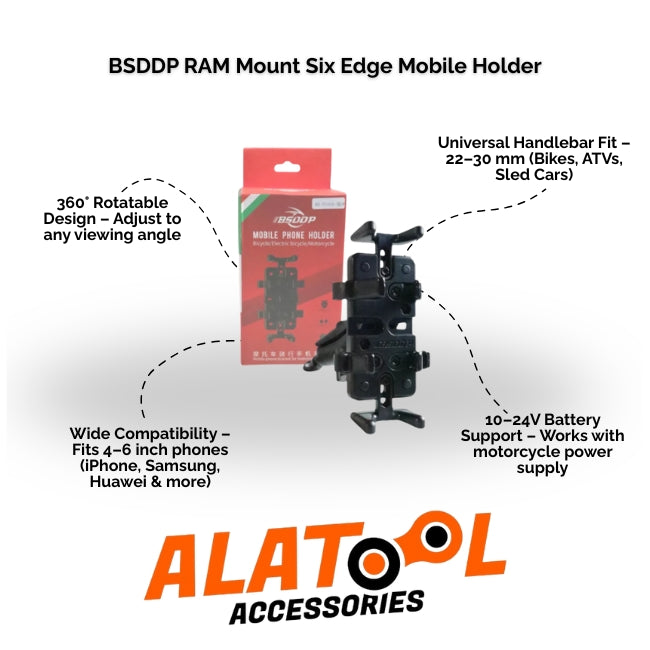 BSDDDP RAM Mount Six Edge Mobile Holder with packaging on a white background, featuring ALATool Accessories branding.