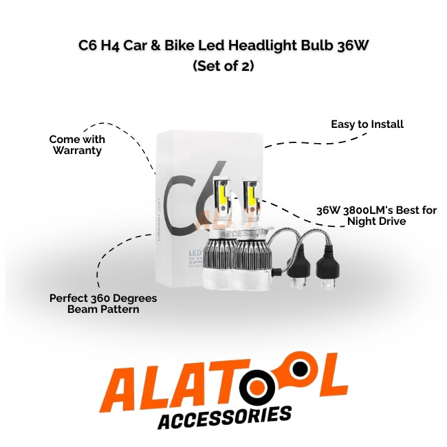 C6 H4 car and bike LED headlight bulb packaging with features and ALATool Accessories branding.