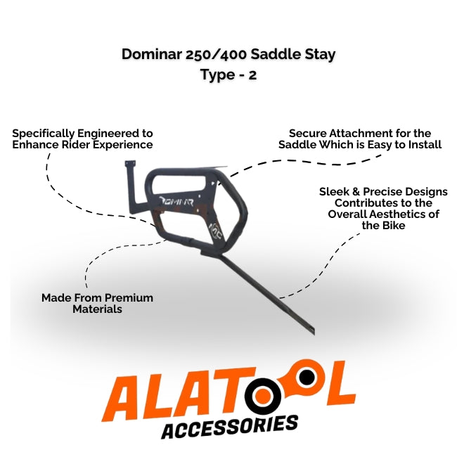 Diagram of a Dominar 250/400 Saddle Stay Type-2 with ALATool Accessories branding.