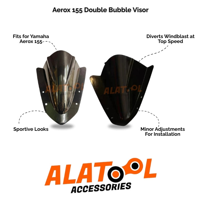 Motorcycle windshields with ALATool Accessories branding on a white background