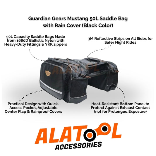 Guardian Gears Mustang 50L Saddle Bag with Rain Cover on a white background, featuring ALATool Accessories branding.
