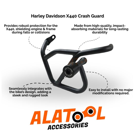 Harley Davidson X440 Crash Guard with features and ALATool Accessories branding.