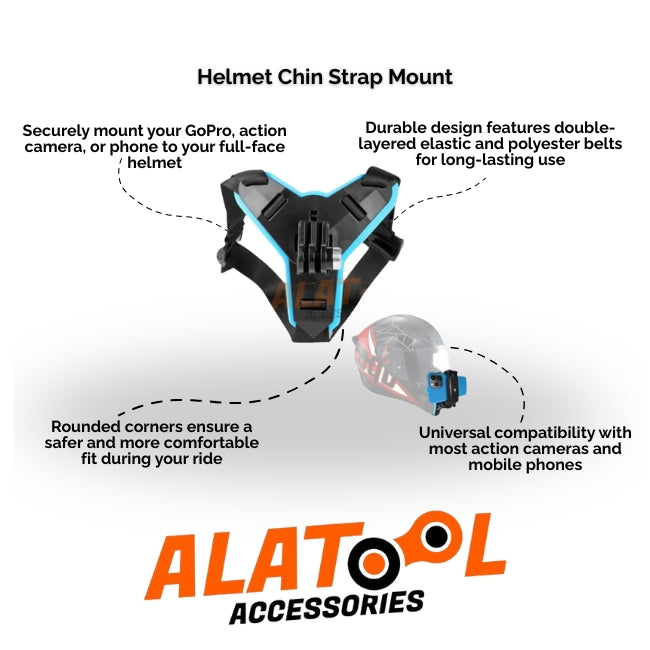 Helmet chin strap mount with GoPro, action camera, or phone mounting features on a white background.