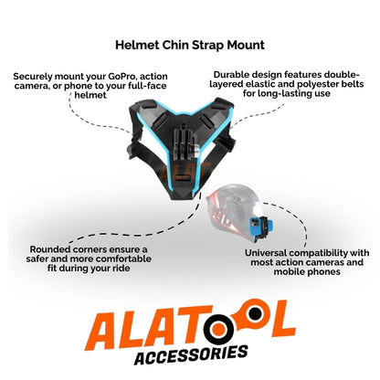 Helmet chin strap mount with GoPro, action camera, or phone mounting features on a white background.