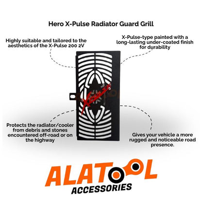 Hero X-Pulse Radiator Guard Grill with ALATOOL Accessories branding and features.
