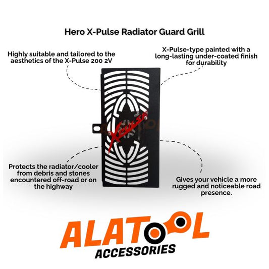 Hero X-Pulse Radiator Guard Grill with ALATOOL Accessories branding and features.