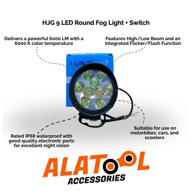 HJG 9 LED Round Fog Light with switch and ALATool Accessories branding on a white background