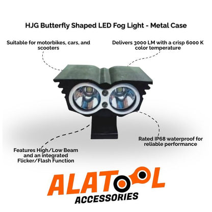 HJG Butterfly Shaped LED Fog Light with ALATool Accessories branding on a white background