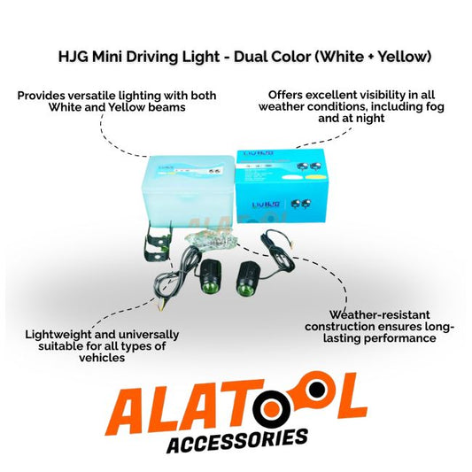 HJG Mini Driving Light with dual color capability, shown with ALATOL Accessories branding.