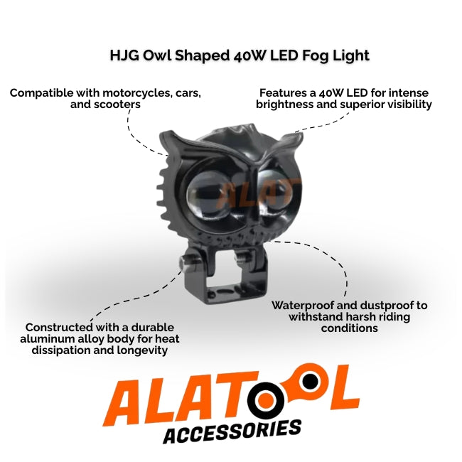 HJG Owl Shaped 40W LED Fog Light with ALATool Accessories branding on a white background