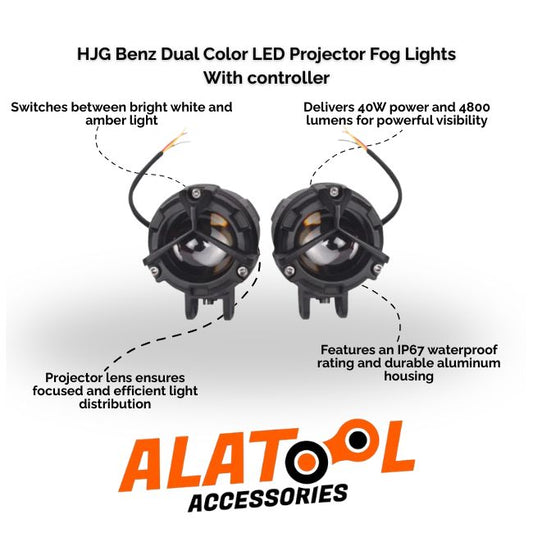 HJG Benz Dual Color LED Projector Fog Lights with controller features and ALATool Accessories branding.