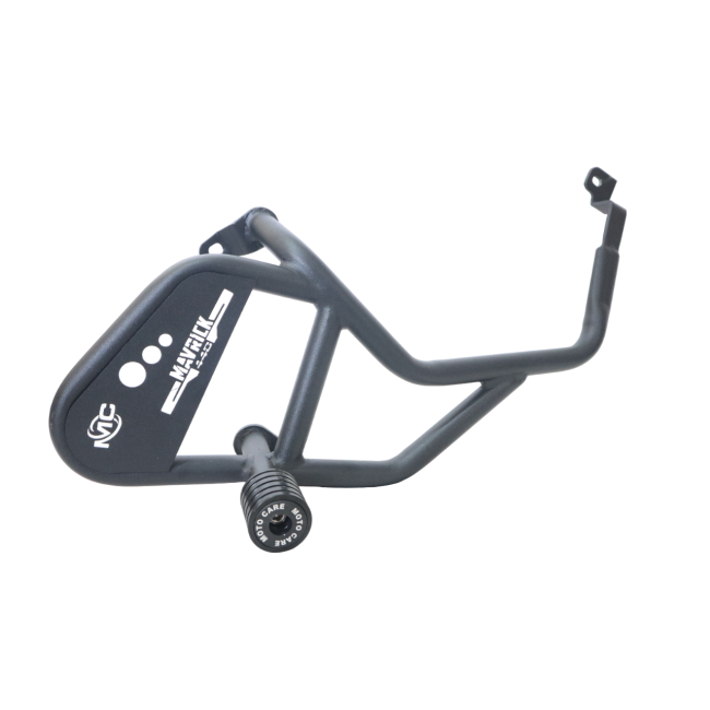 Black metal mavrick crash guard frame on a white background side view