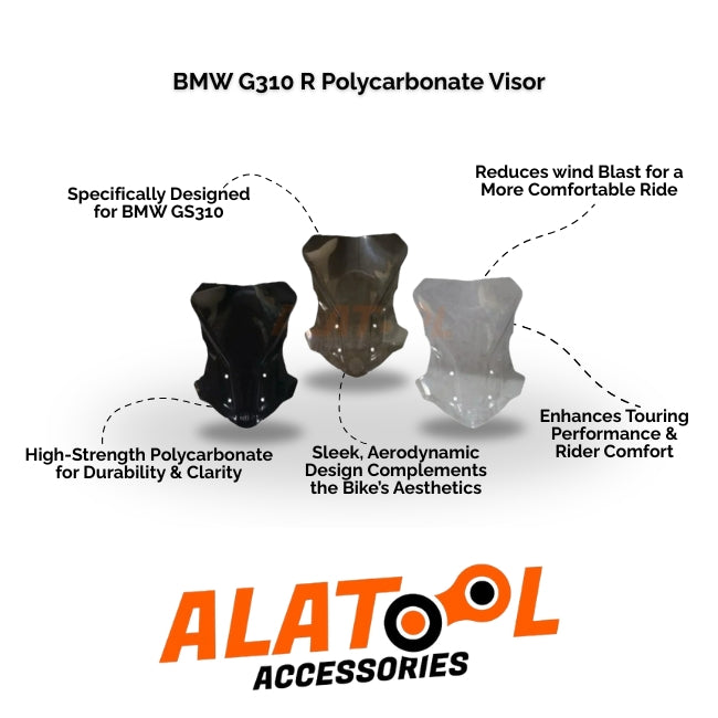 BMW G310 R Polycarbonate Visor with ALATool Accessories branding on a white background