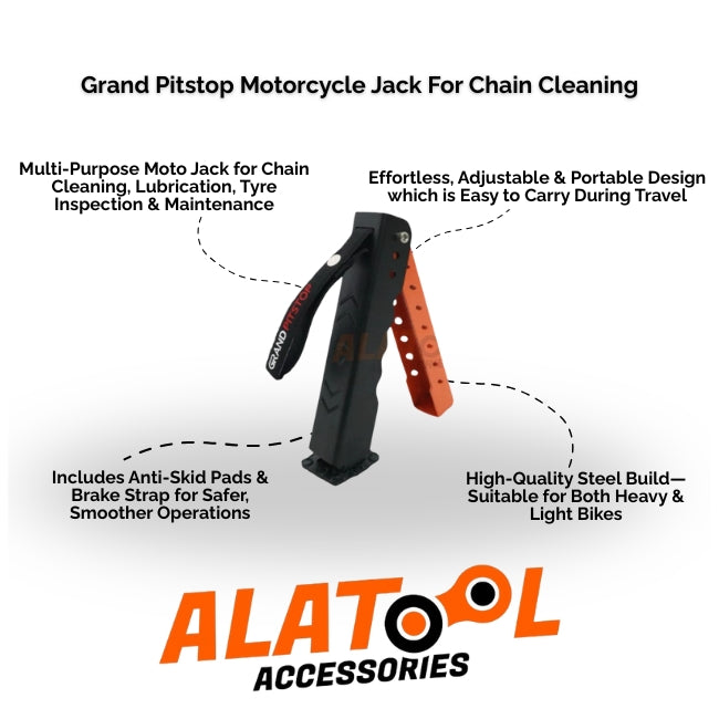 Grand Pitstop Motorcycle Jack for Chain Cleaning with ALATool Accessories branding