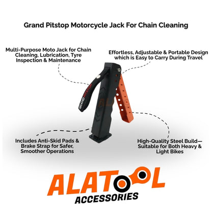 Grand Pitstop Motorcycle Jack for Chain Cleaning with ALATool Accessories branding