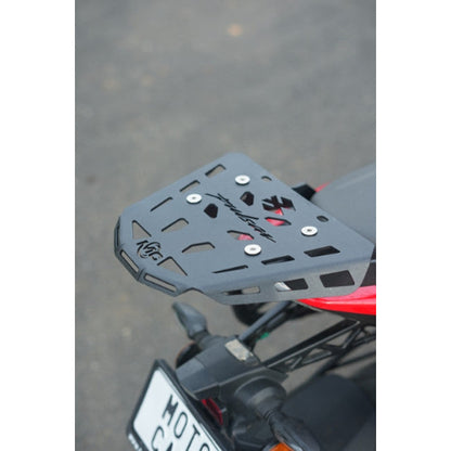 Motorcycle luggage rack on a motorcycle with a blurred background