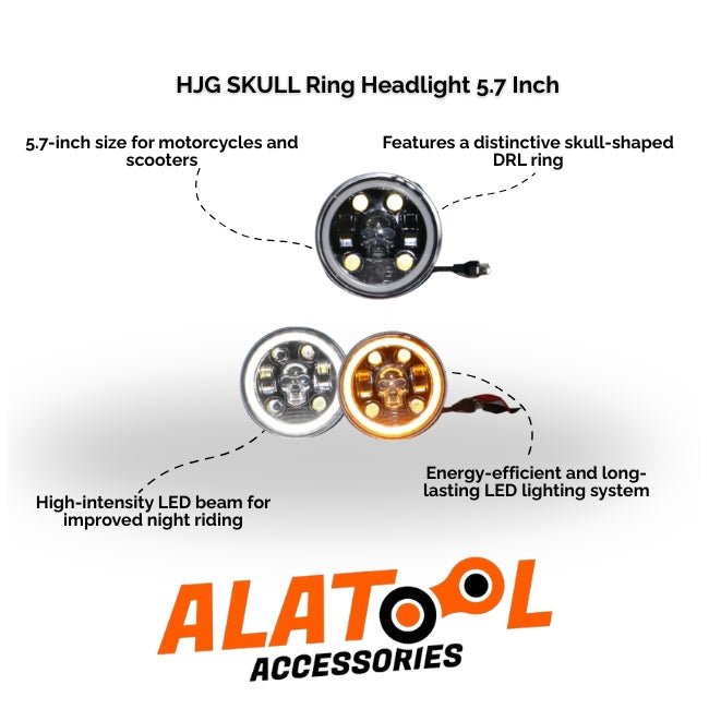 HJG SKULL Ring Headlight 5.7 Inch with ALATool Accessories branding on a white background